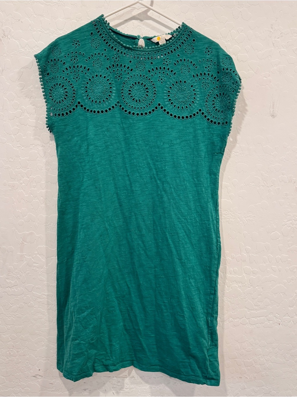 Boden Eyelet Lace Neckline T-Shirt Dress Womens 8L Green Pom Pom Trim Cotton